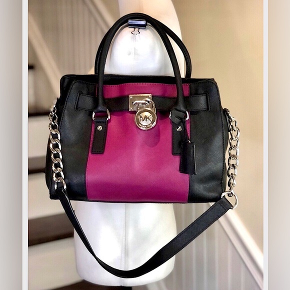 MICHAEL KORS Black Hot Pink Saffiano Leather Top Handle ShoulderBag - Picture 1 of 17